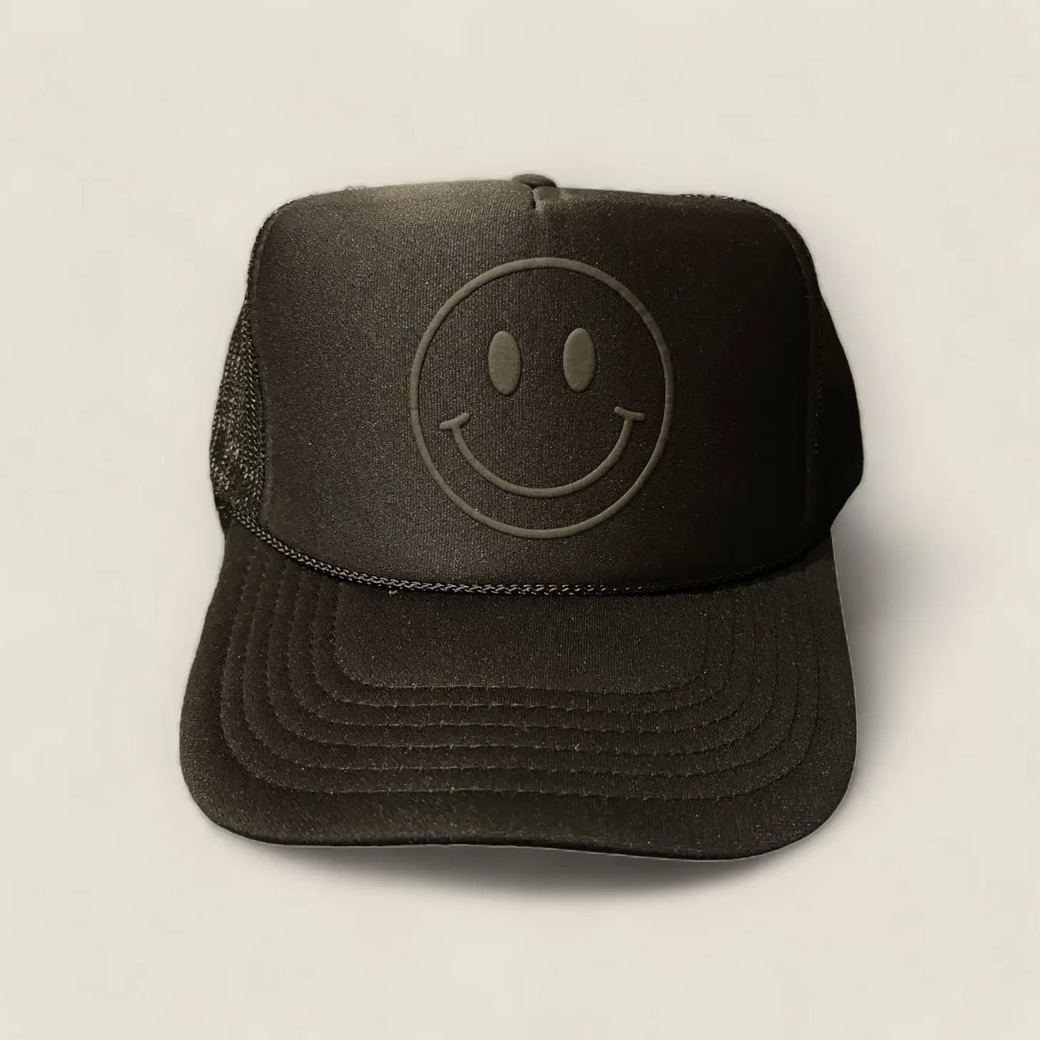 Happy Face Monochrome Trucker Hat in Black