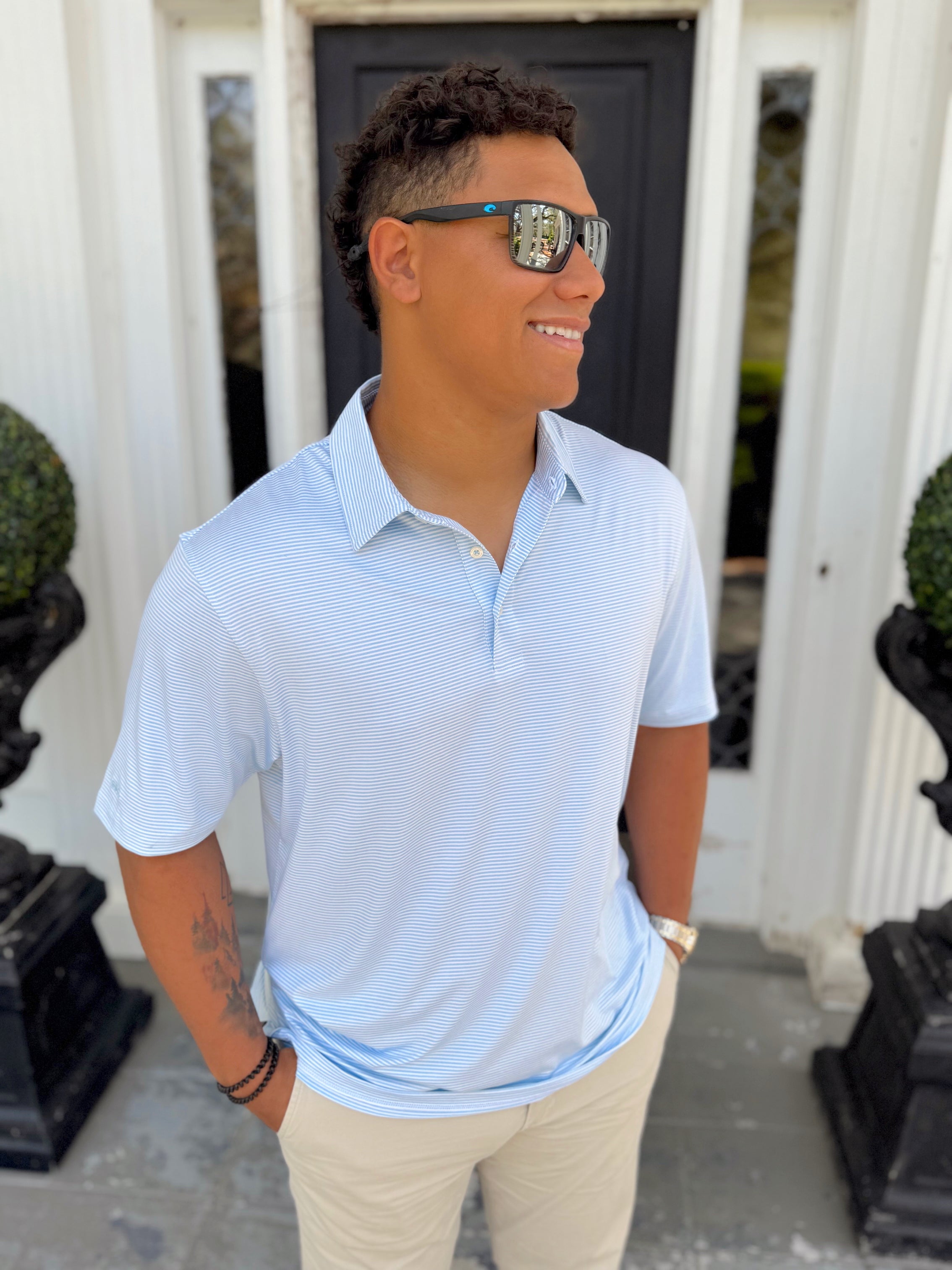 Heather Madison Stripe Polo in Crystal Lake By Southern Shirt Co.