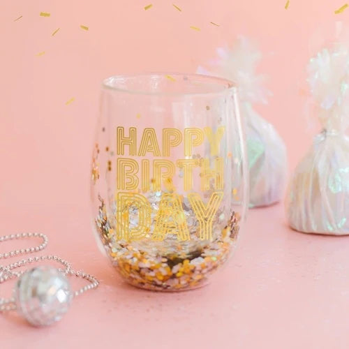Happy Birthday Glitter Wine Glass