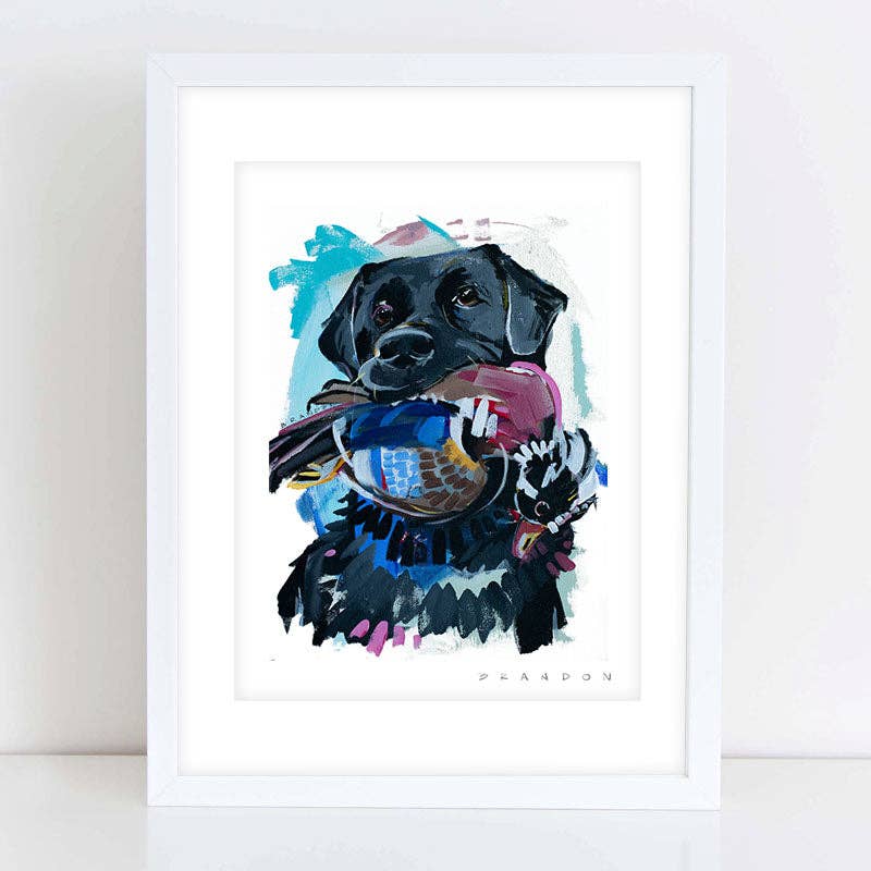 Black Lab with a Woodduck Print by Brandon Thomas- 8x10