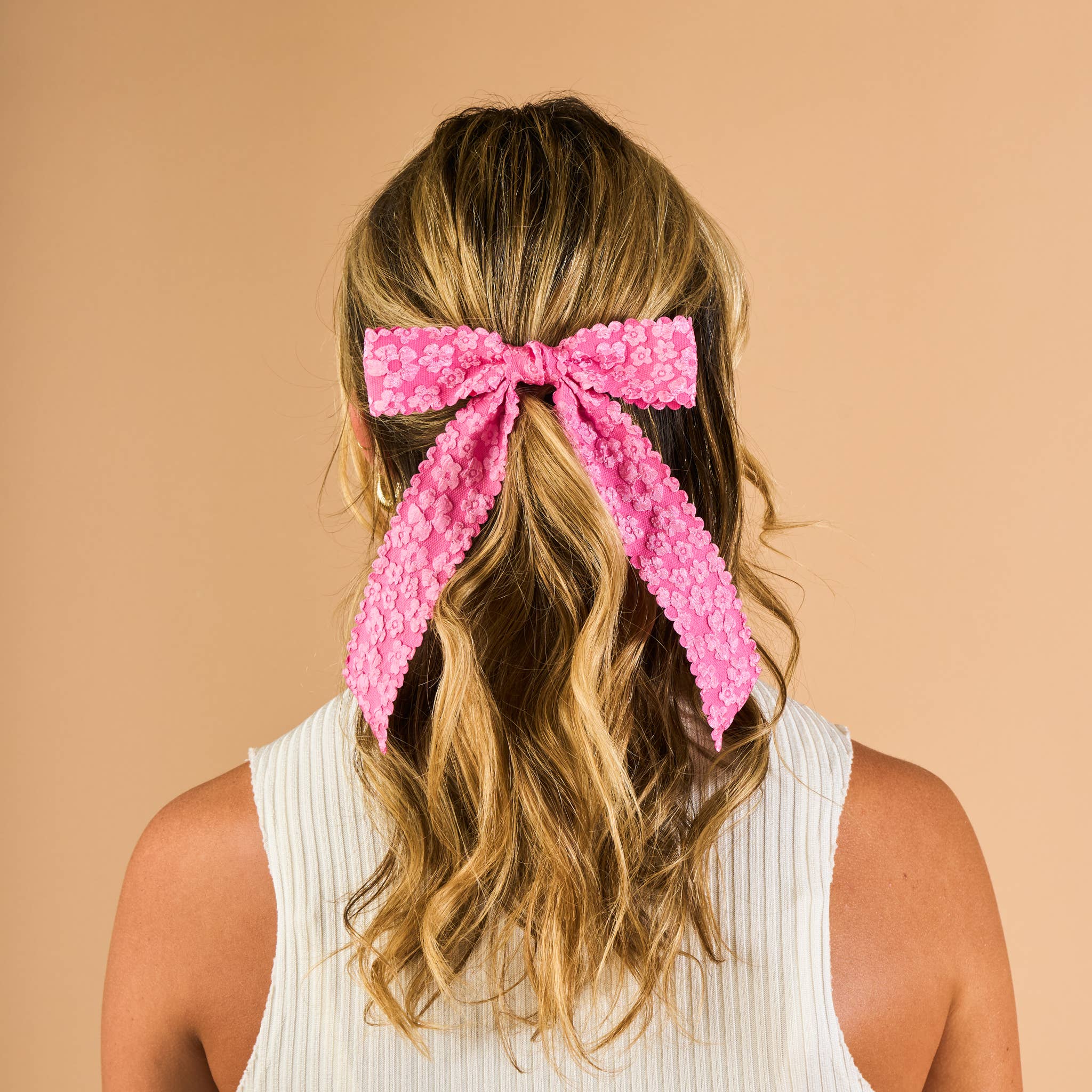 Flower Scallop Hair Bow in Hot Pink