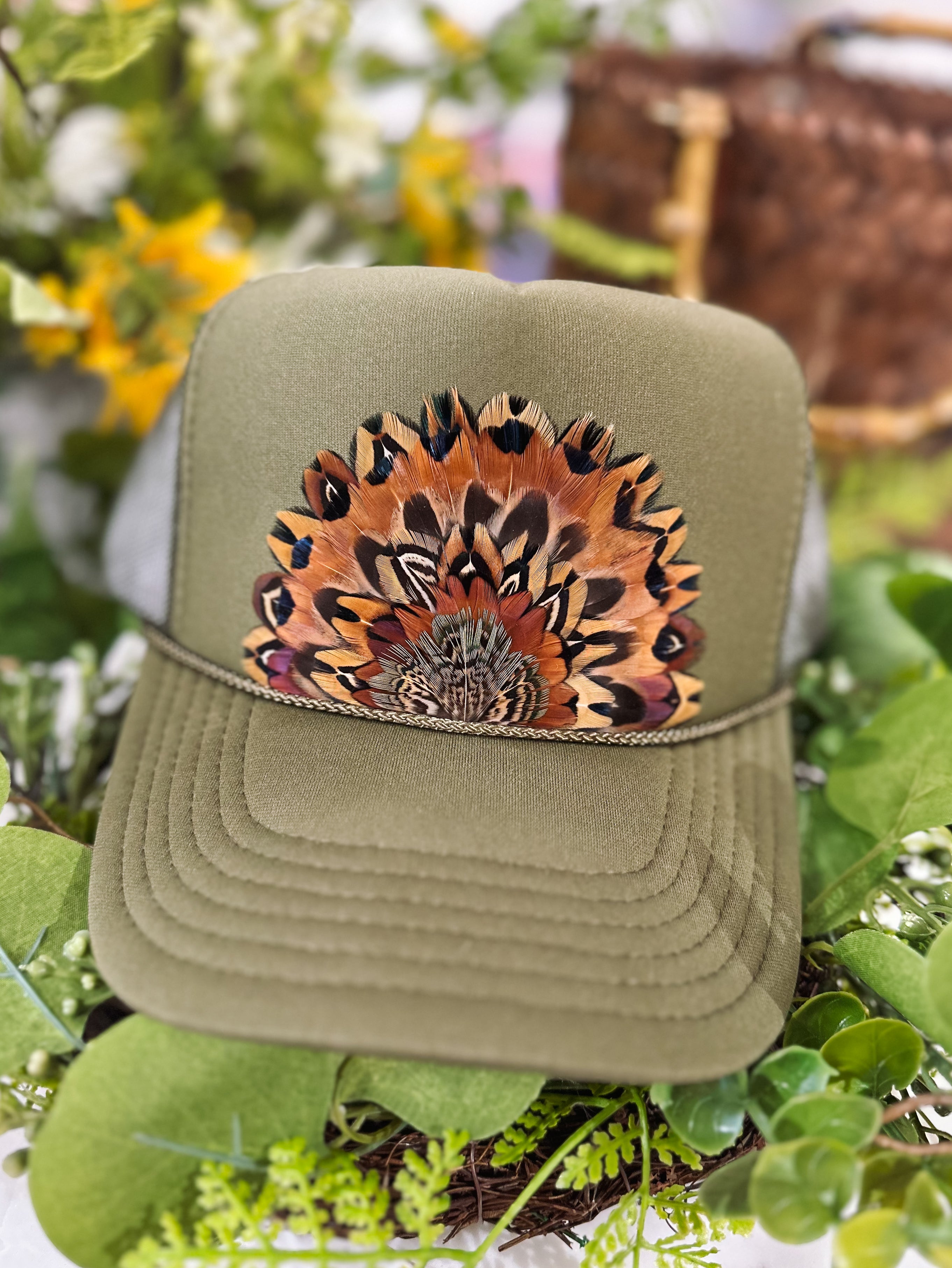 The Louise Olive Green Feathered Trucker Hat