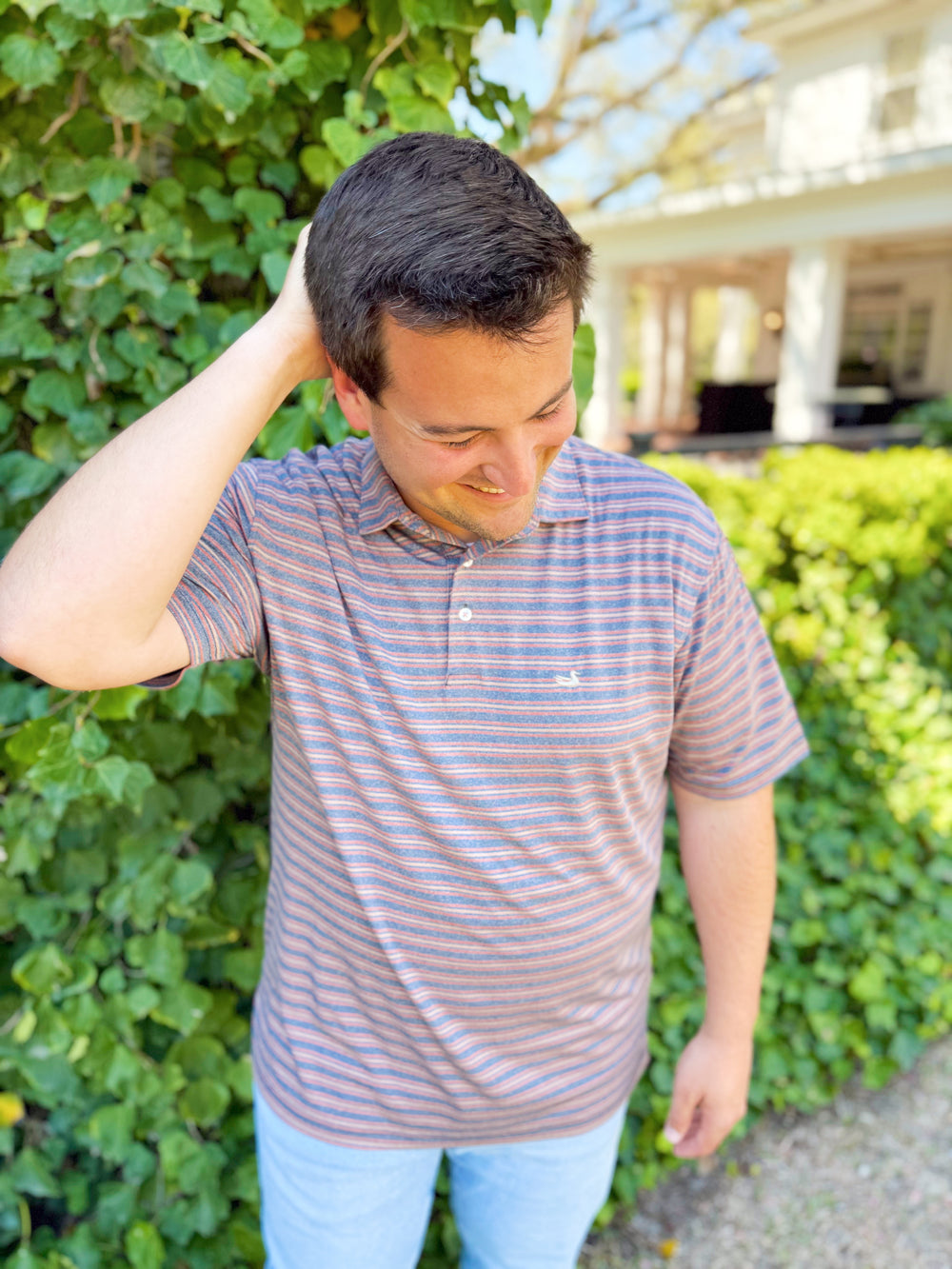 Maybourne Featherlight Stripe Polo In Navy & Red Maybourne By Southern Marsh