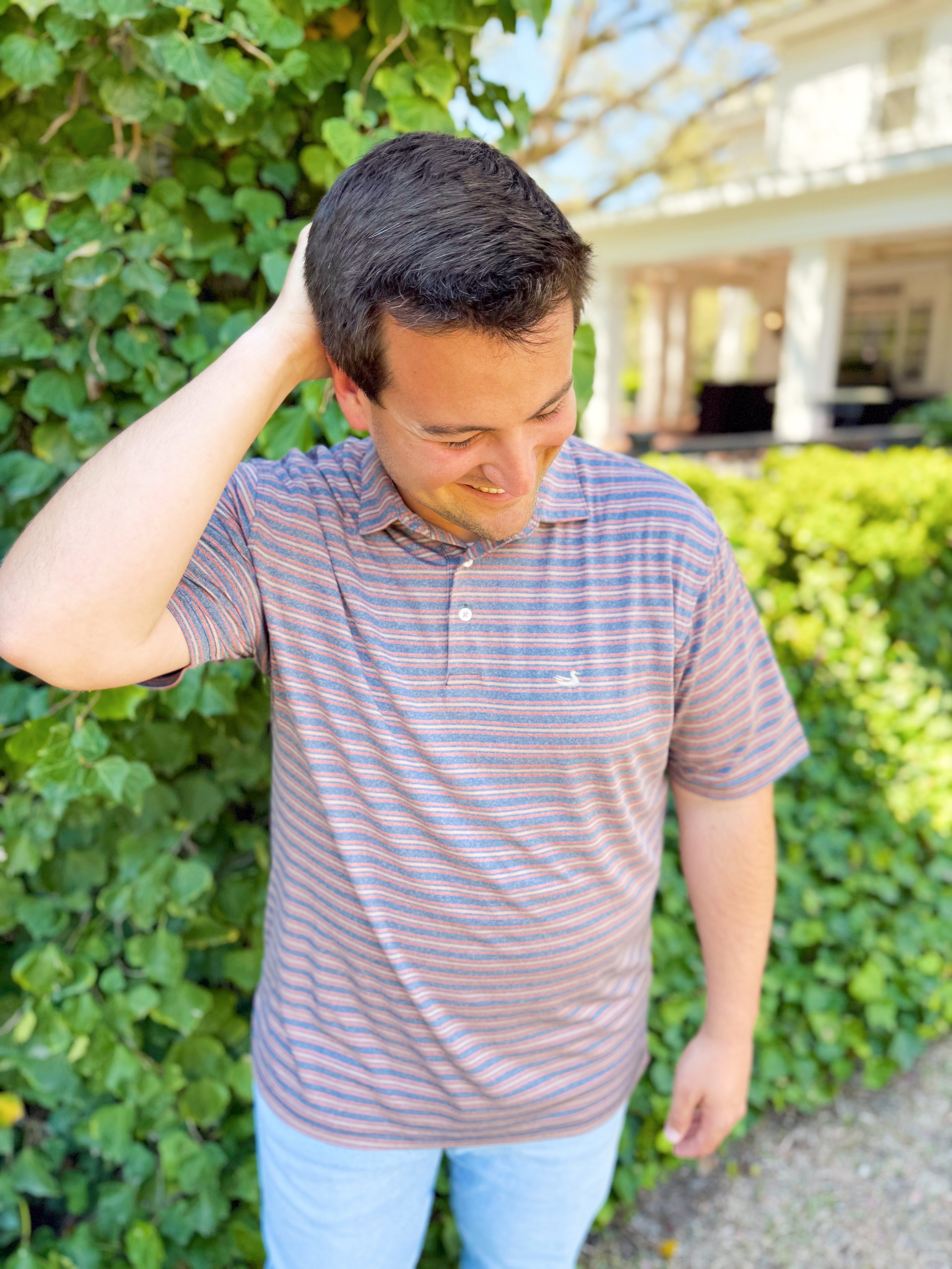 Maybourne Featherlight Stripe Polo In Navy & Red Maybourne By Southern Marsh