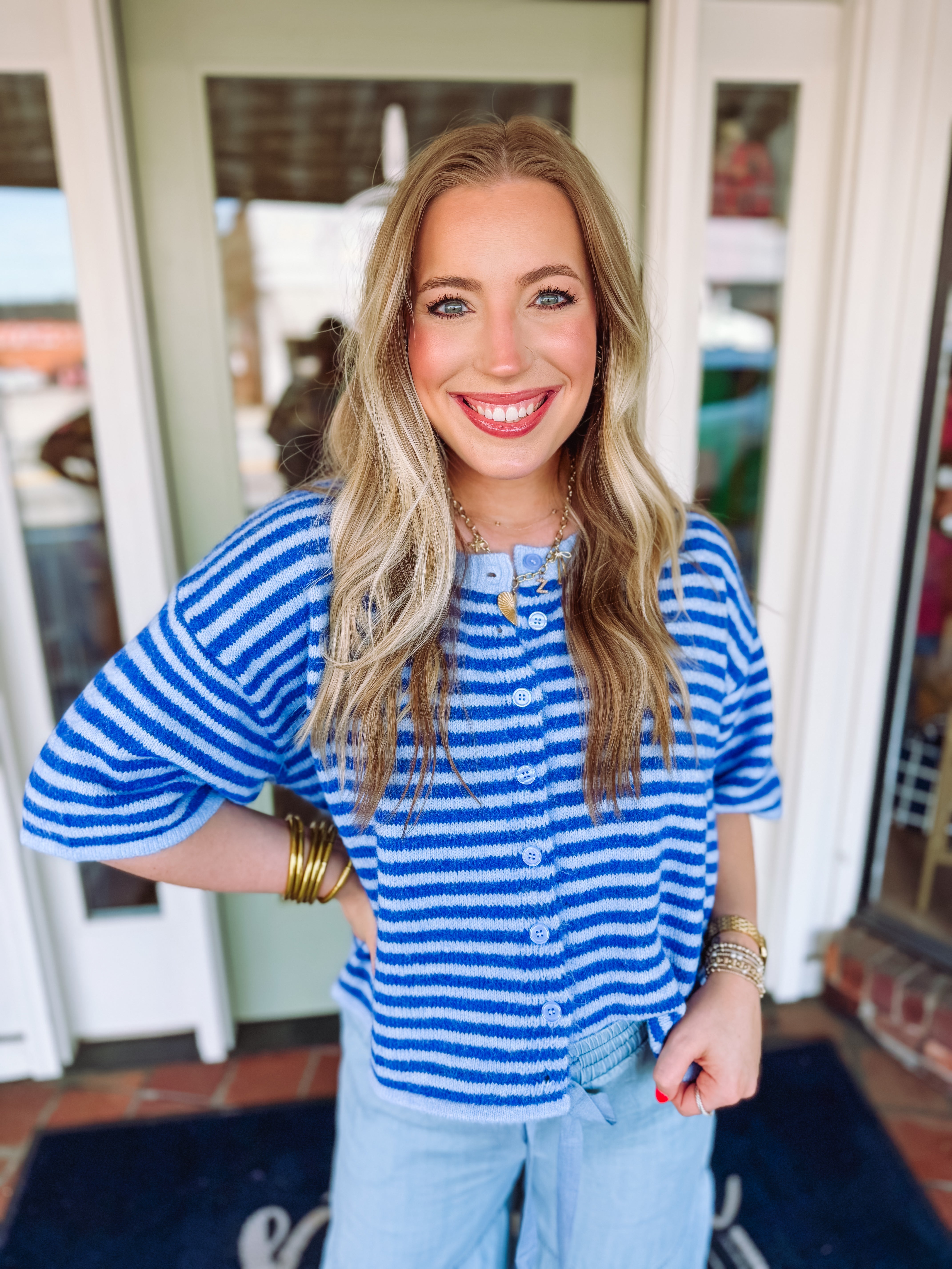 The Charlee Striped Button Sweater in Blue
