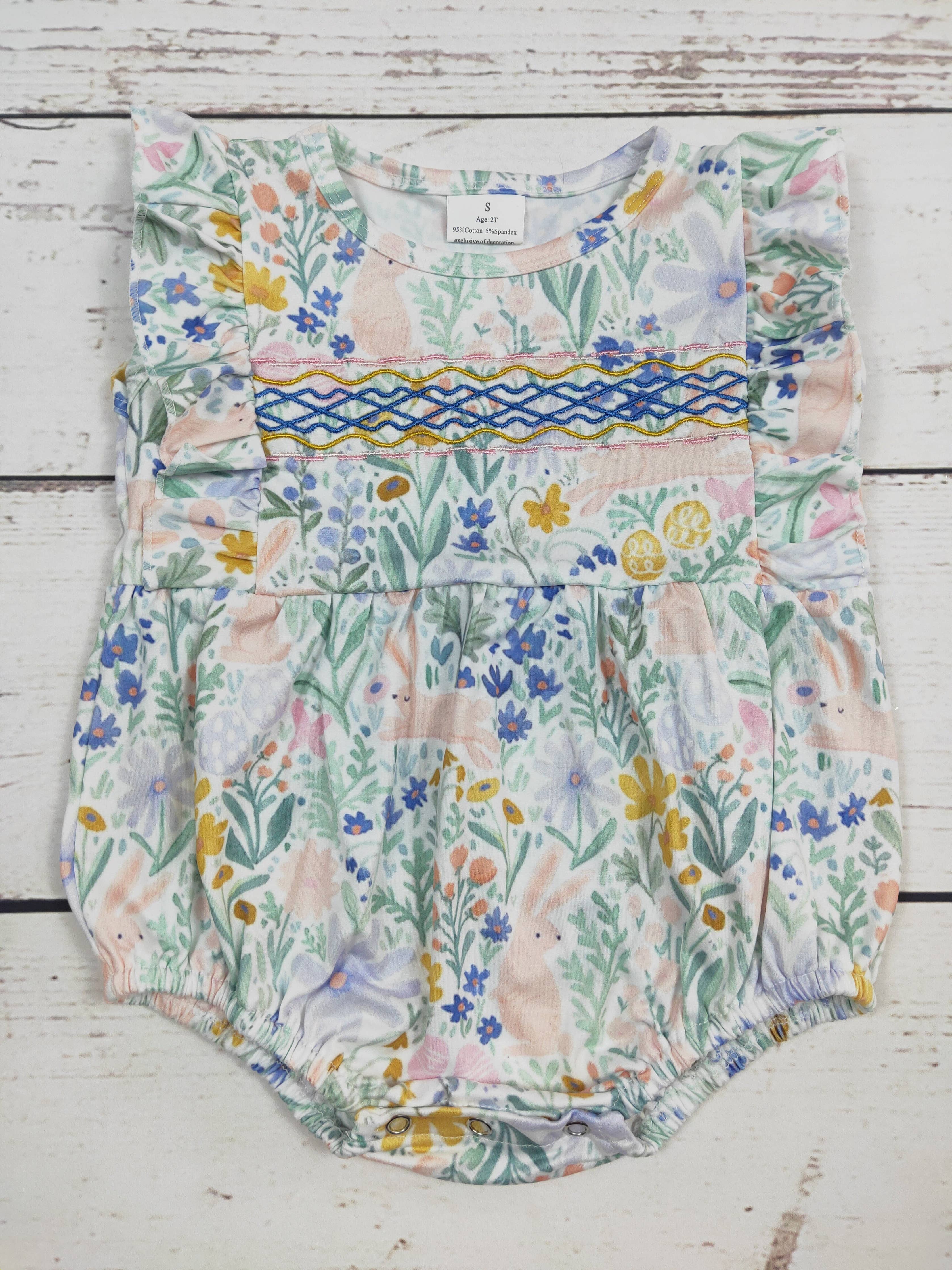 Rabbit Flower Appliqué Girls Easter Onesie