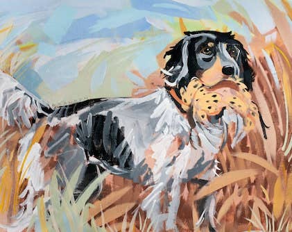 English Setter - "Pointer in the Grass" Hunting Dog Painting by Brandon Thomas Print- 5x7