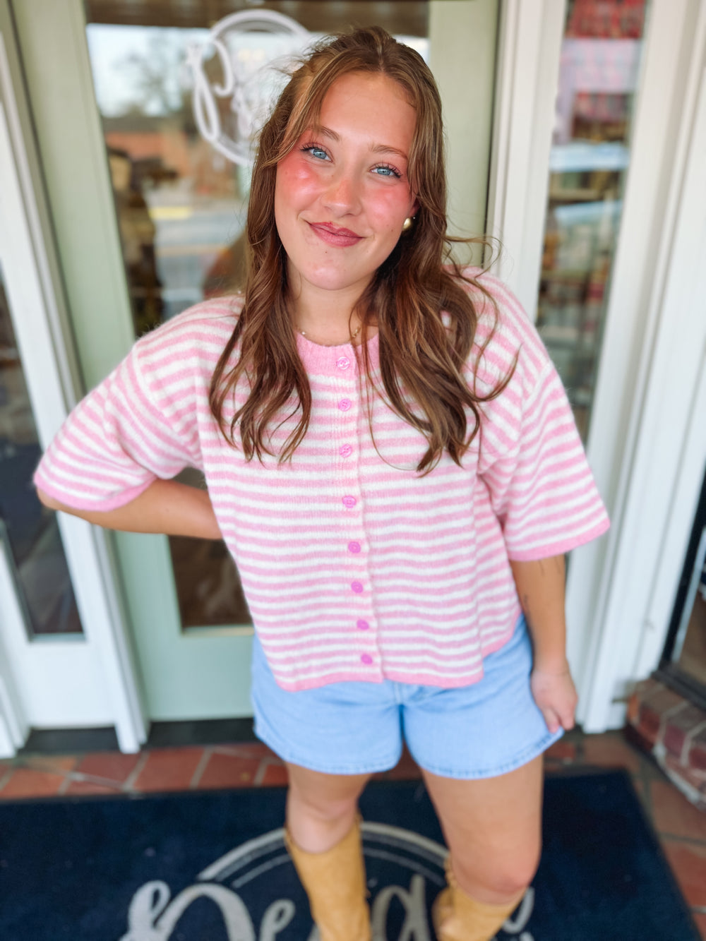 The Charlee Striped Button Sweater in Pink