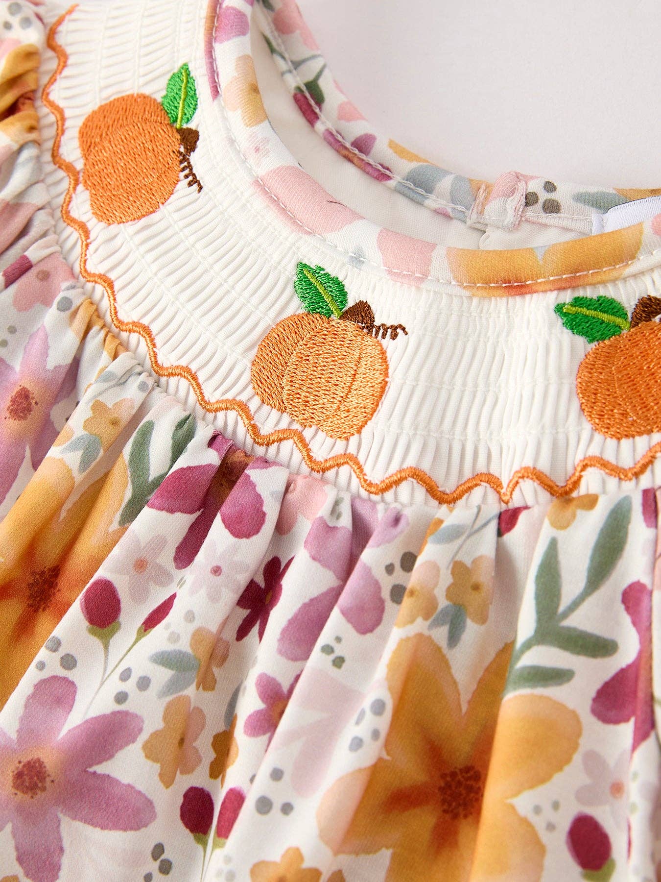 Embroidered Pumpkin Smocked Floral Baby Girl Romper