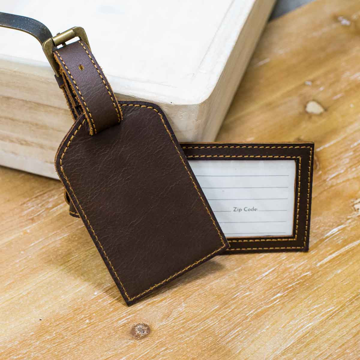 Leather Luggage Tag in Dark Brown