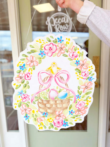 Floral bright spring door hanger with easter basket 