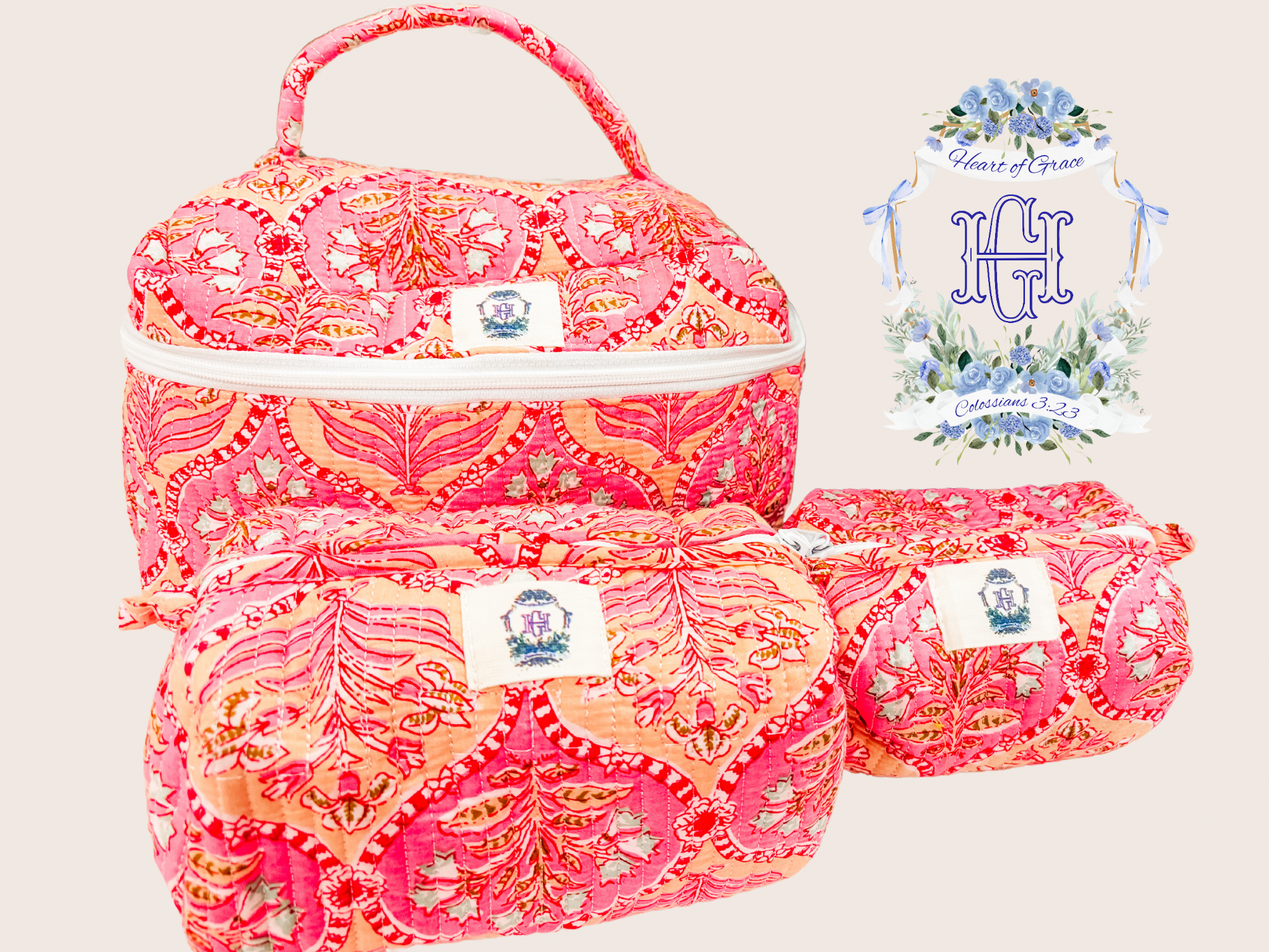 Pink Trellis Set of 3 Quilted Cosmetic Bags