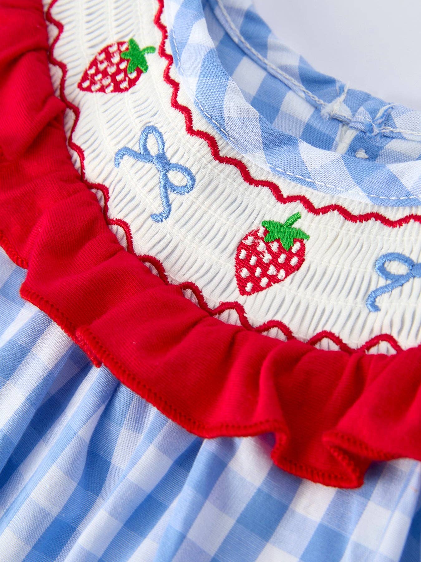 Summer Strawberry Bow Embroidered Smocked Romper
