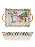 Decorative ceramic tray with artistic design and matching bowl on a white background