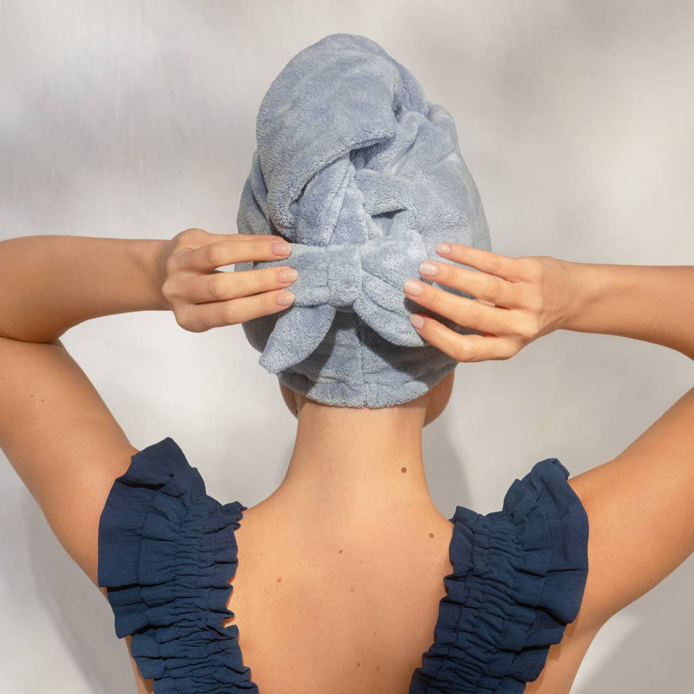 Plush Microfiber Hair Towel Turban with Bow in Coastal Blue By Kitsch