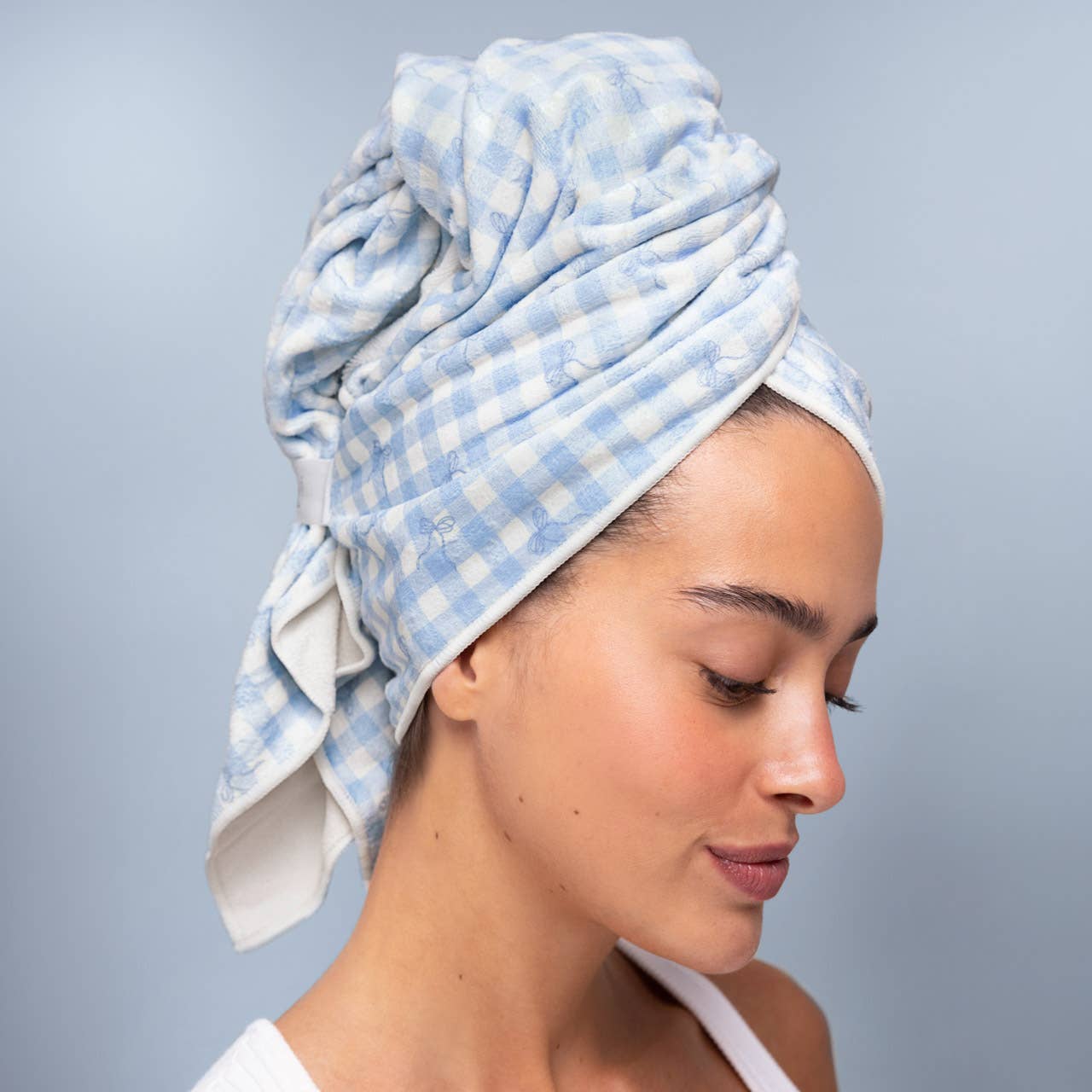 XL Hair Towel Wrap in Gingham Blue By Kitsch