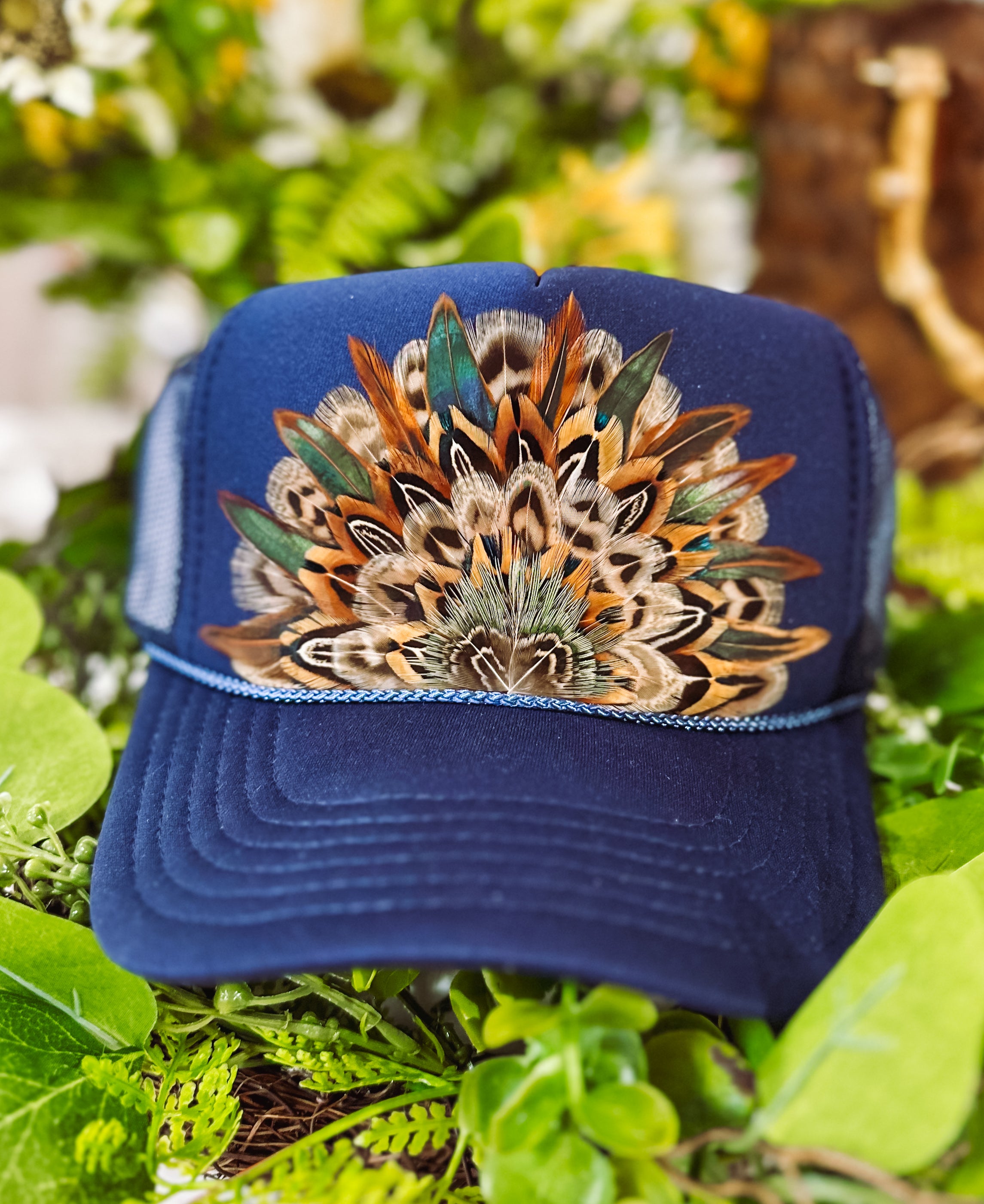 The Cora Navy Feathered Trucker Hat
