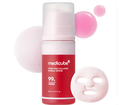 Medicube pink collagen bubble serum with a face mask on a white background