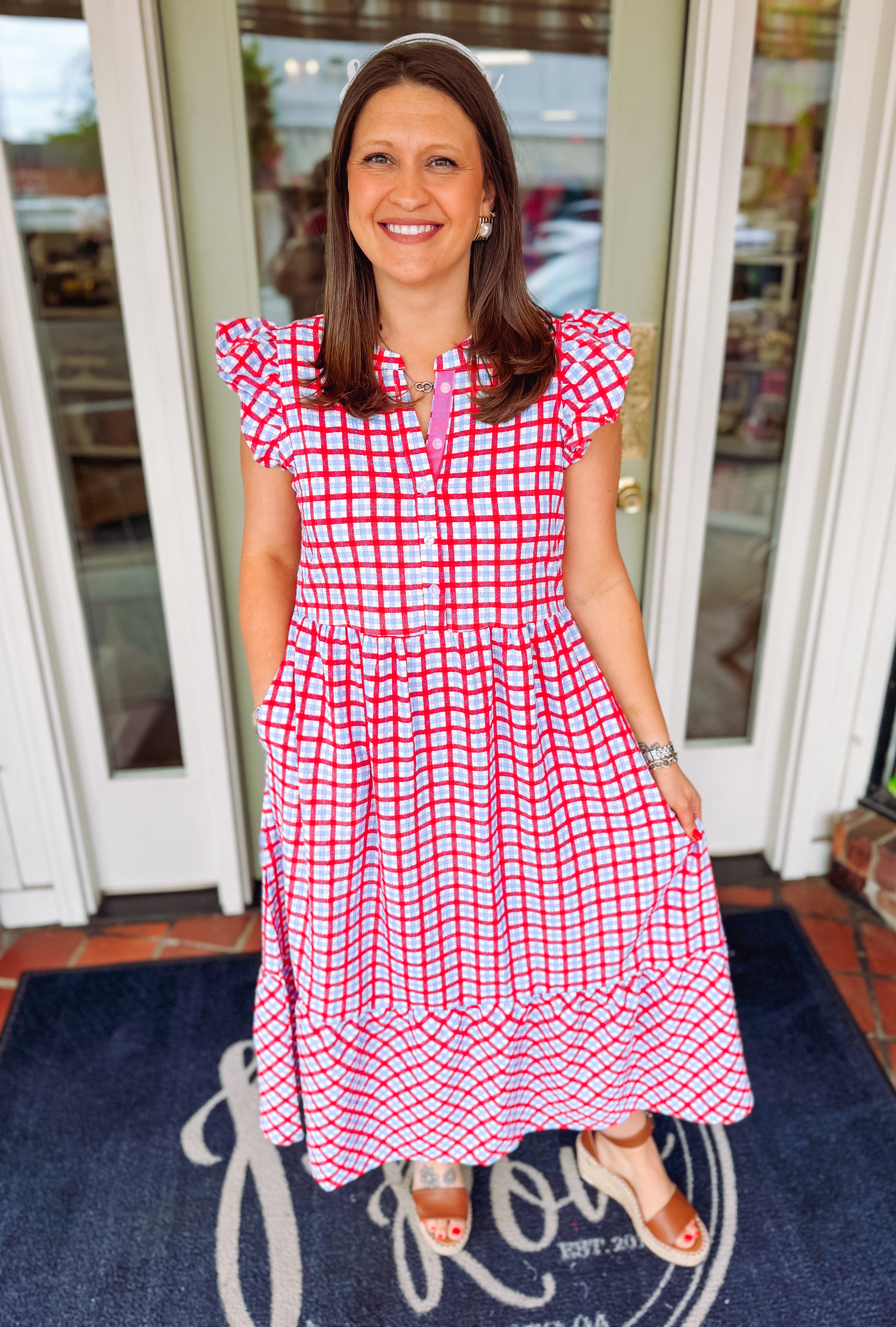 The Riley Gingham Midi Dress in Red & Blue By Mary Square
