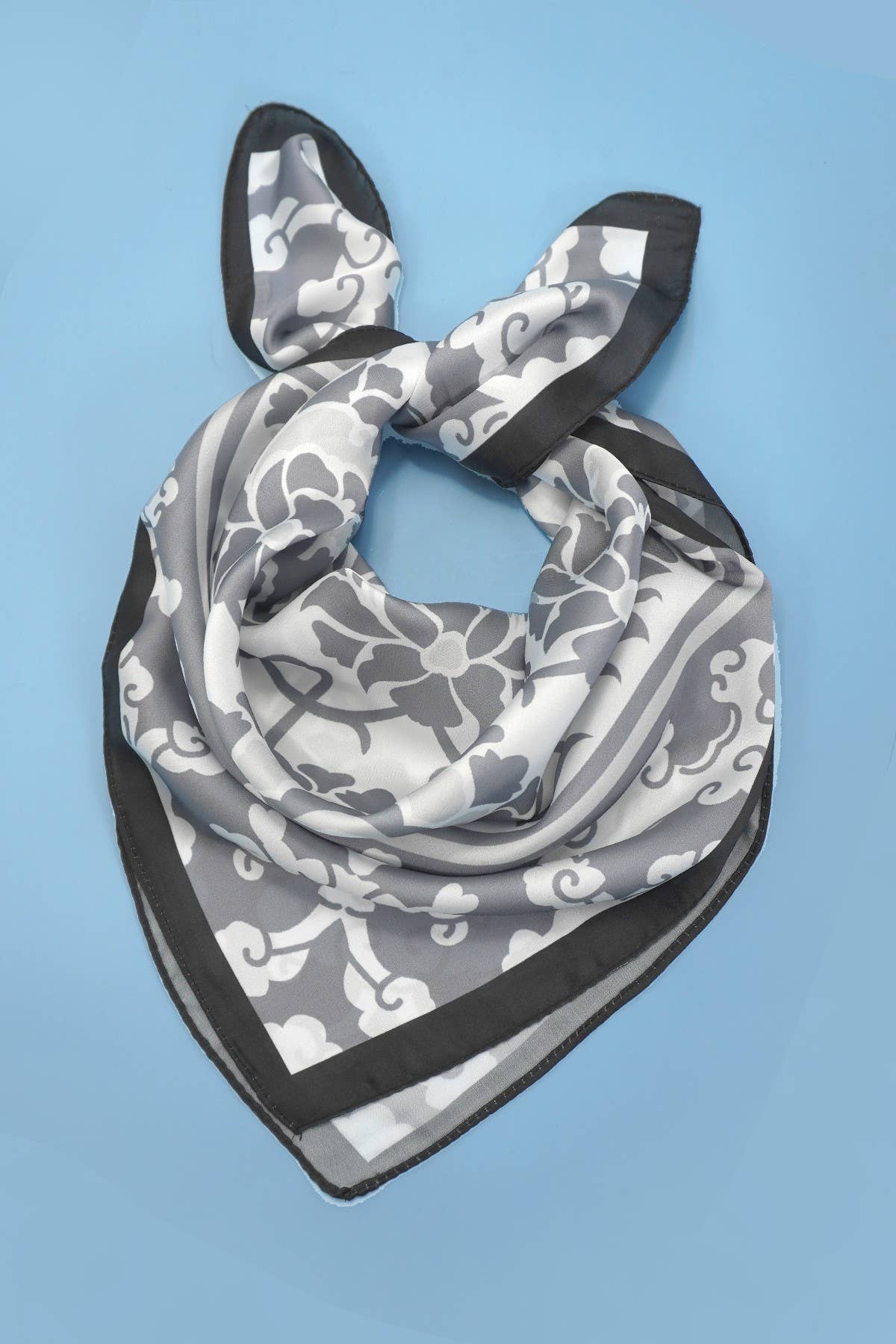 Vintage Floral Print Silky Feel Bandana Scarf in Grey