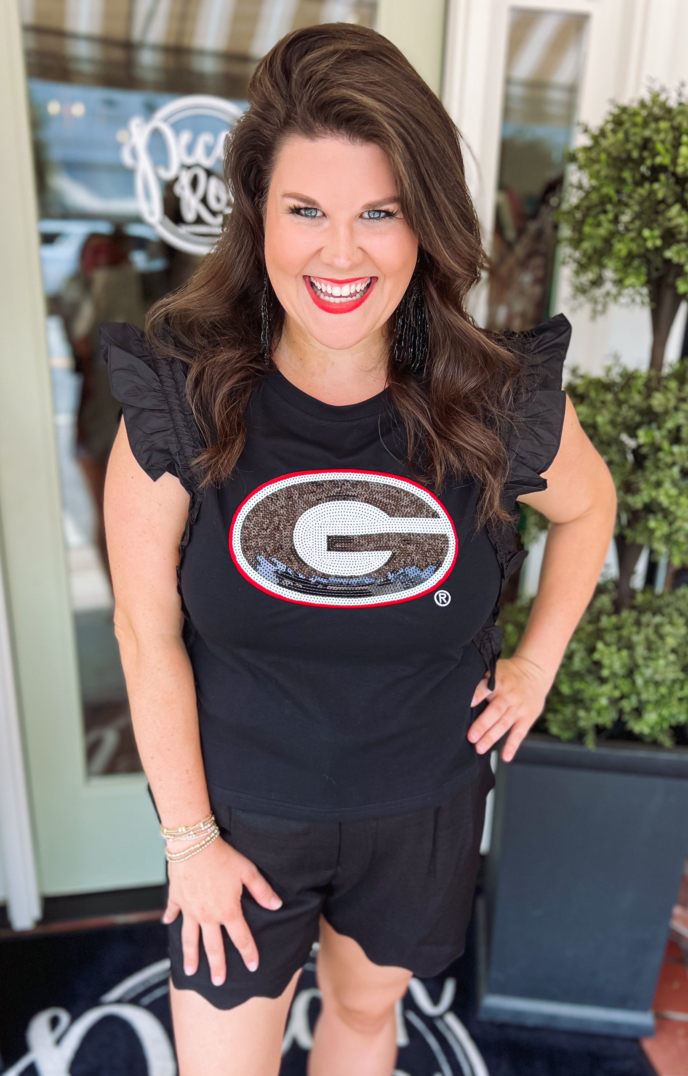 UGA Sequin Varsity Ruffle Short Sleeve Top