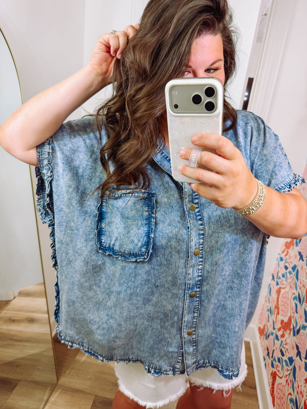 The Deanna Denim Ruffle Top (S-3X)