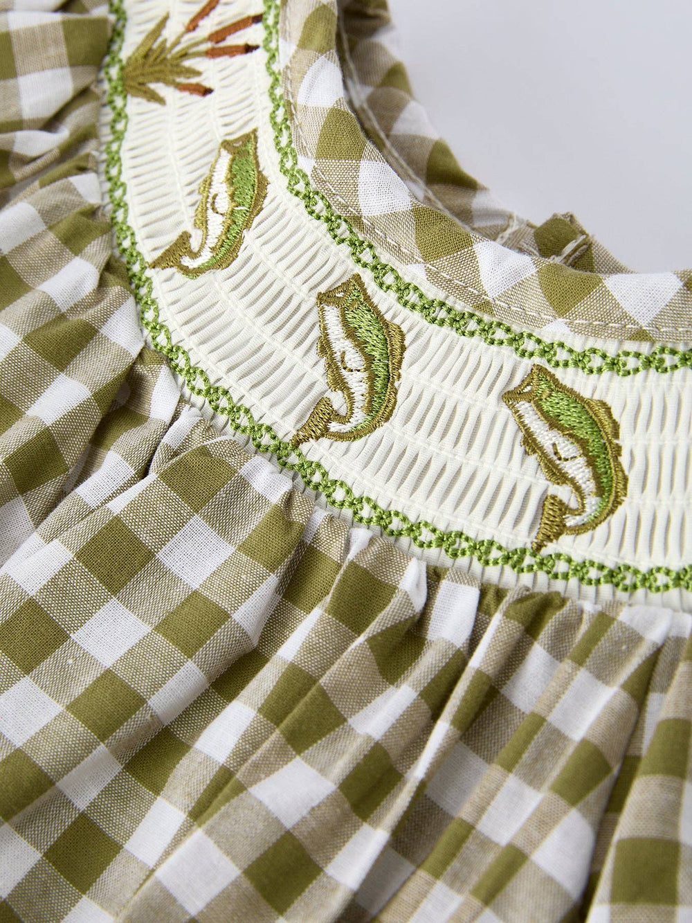 Green Plaid Fish Embroidered Baby Girls Smocked Romper