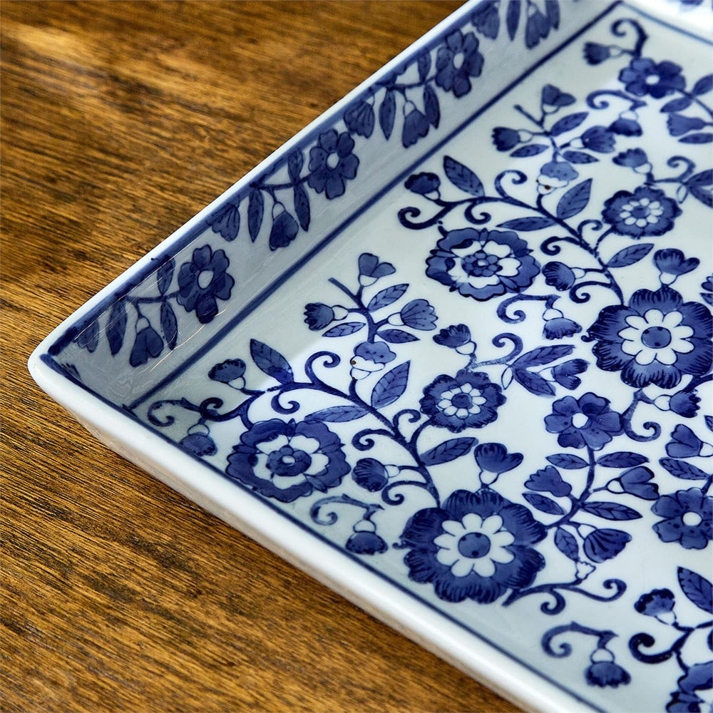 Chinoiserie Hand-Painted Blue and White Floral Tray