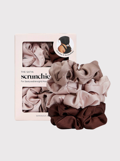 Set of satin scrunchies in brown and beige 