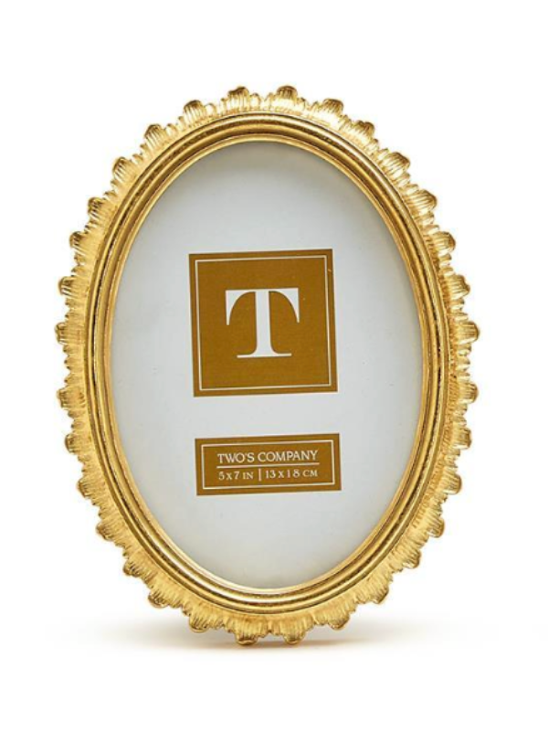 Gold oval picture frame with 'T' logo on a white background