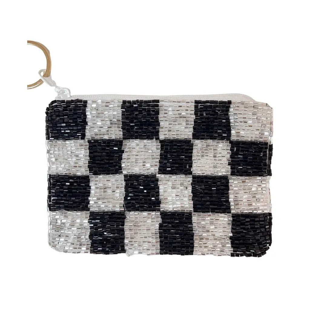 Checkered Black & White Beaded Keychain Pouch