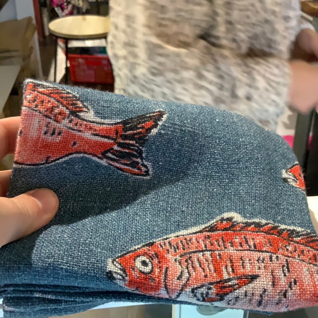 Blue/ Red Fish Linen Tea Towel