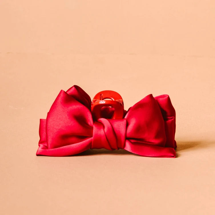 Mini Satin Bow Claw Clip- Red
