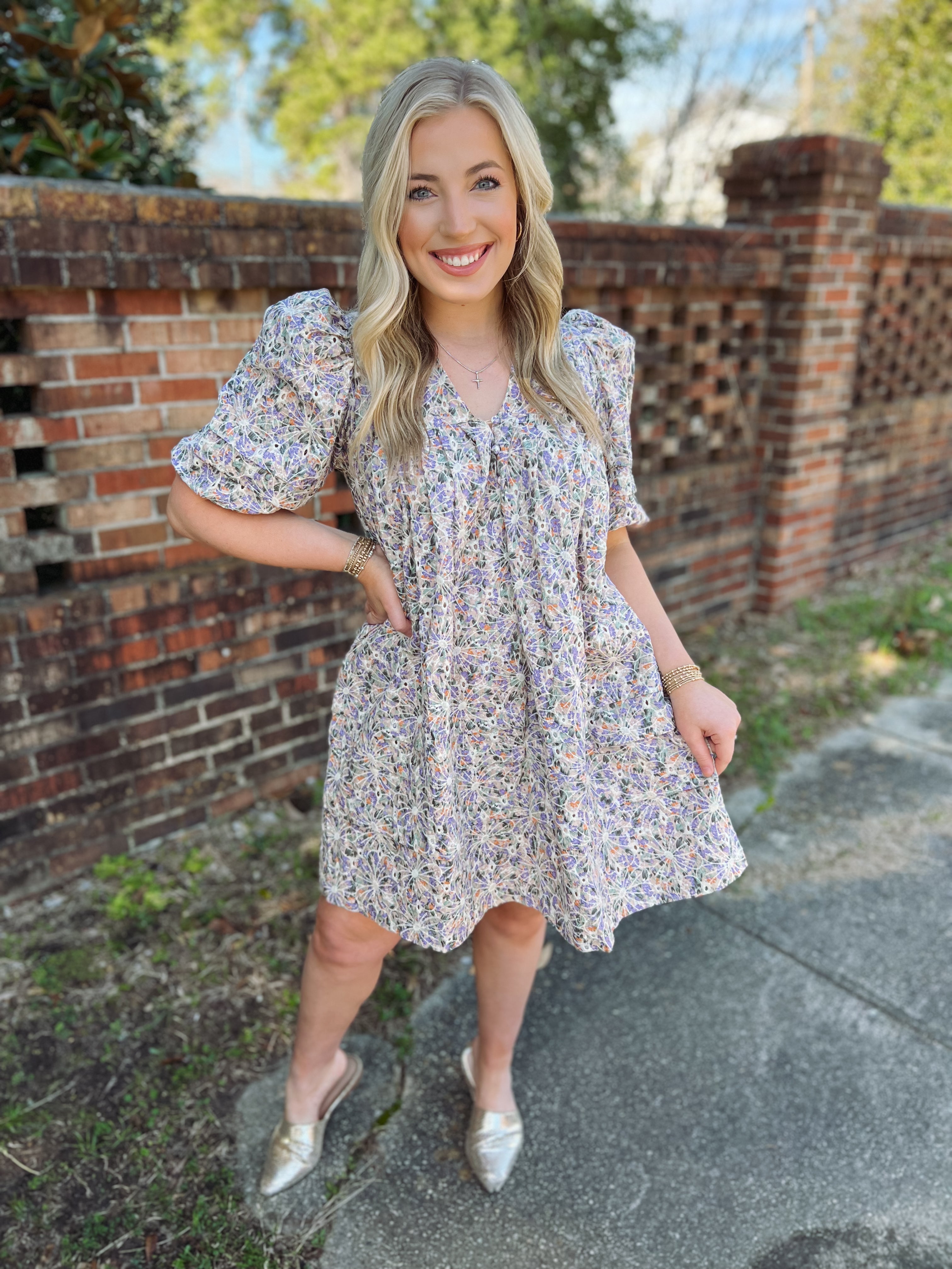 Floral Embroidered Puff Sleeve Dress by Karlie