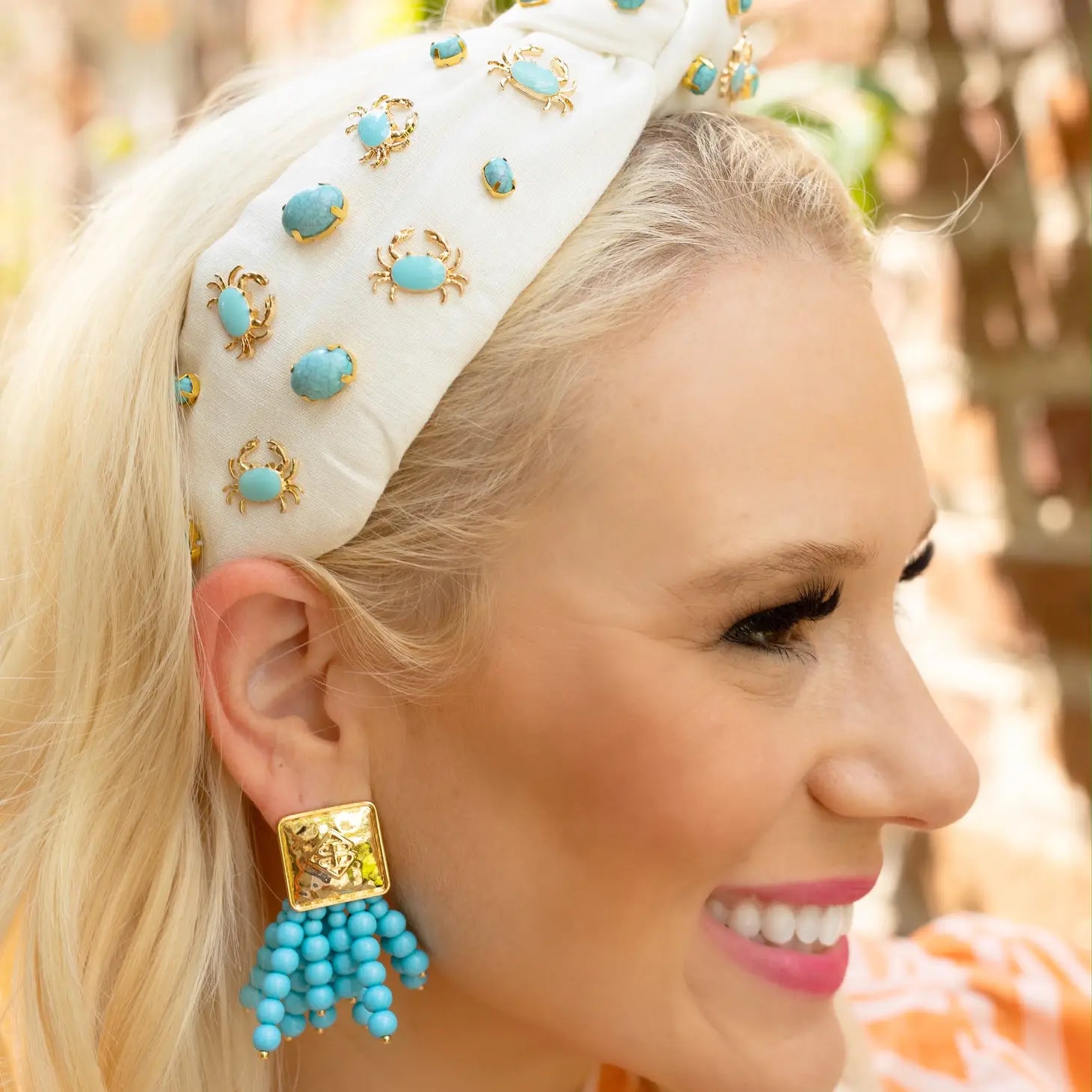 White Twill Headband with Turquoise and Gold Crabs by Brianna Cannon