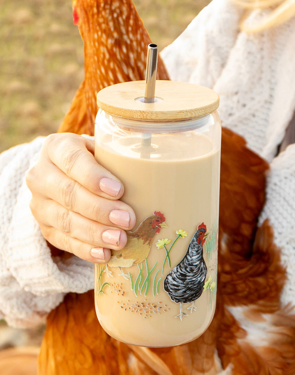 Water Color Hen Glass Can