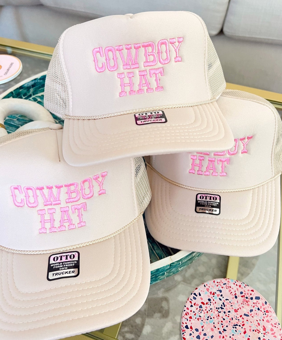Cowboy Hat in Tan & Pink
