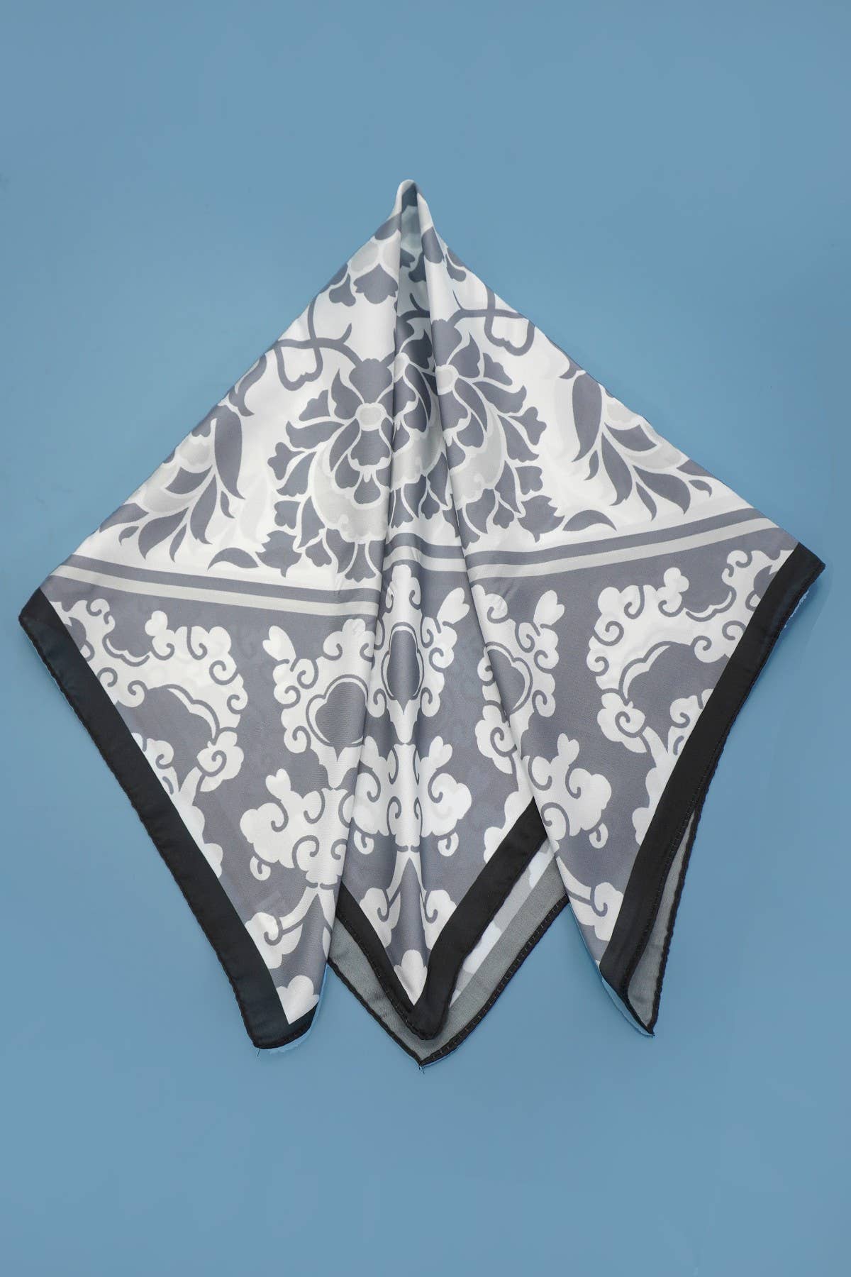 Vintage Floral Print Silky Feel Bandana Scarf in Grey