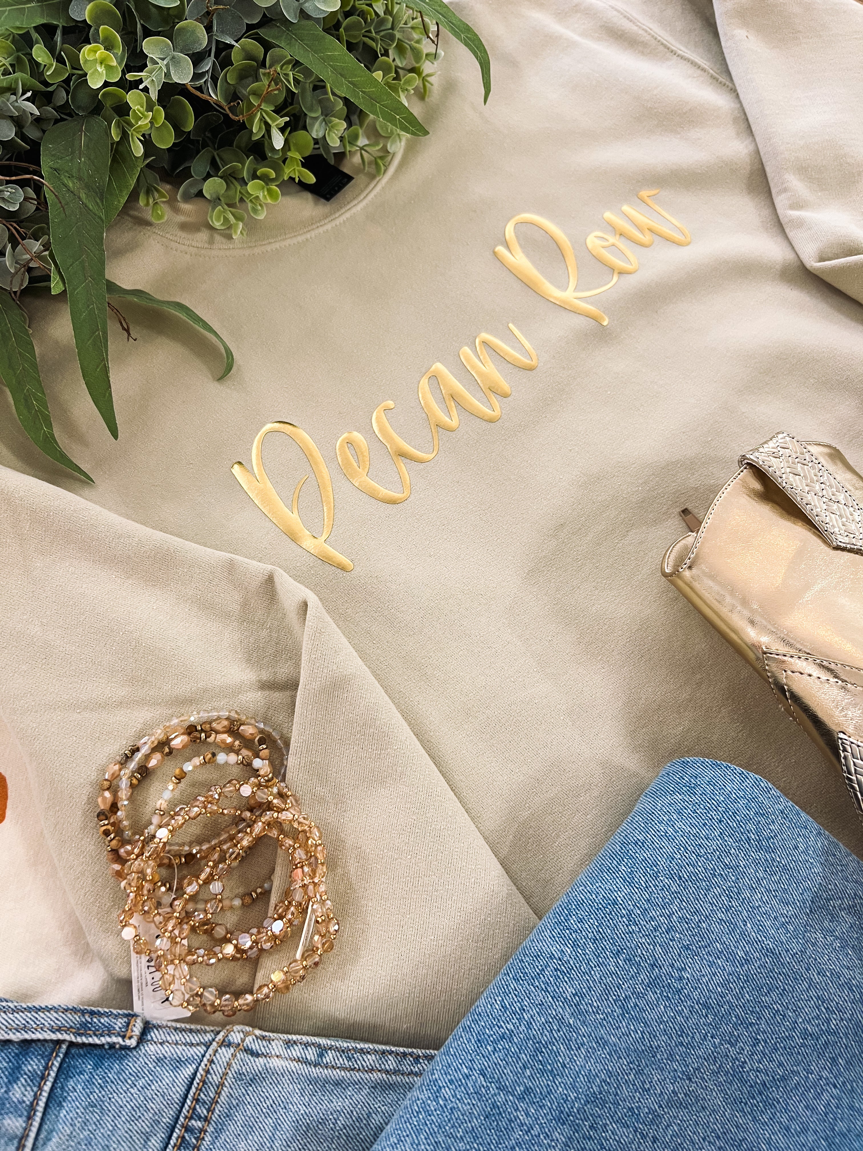 Cream Pecan Row Sweatshirt with Gold Letters