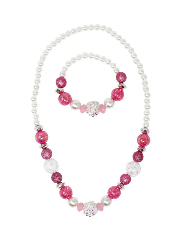 Beaded Sparkly Pink and Pearl Bracelet and Necklace Set
