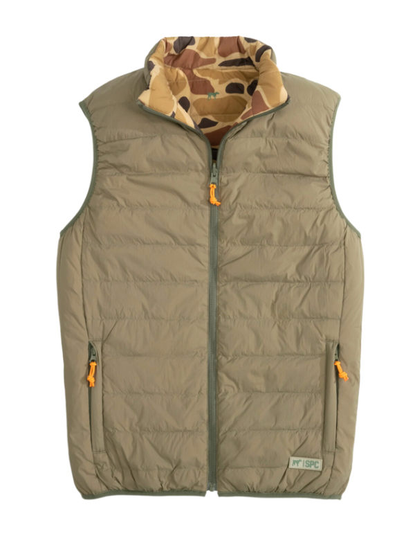 YOUTH Field Series Reversible Down Vest in Olive/Old School Camo by Southern Point Co.