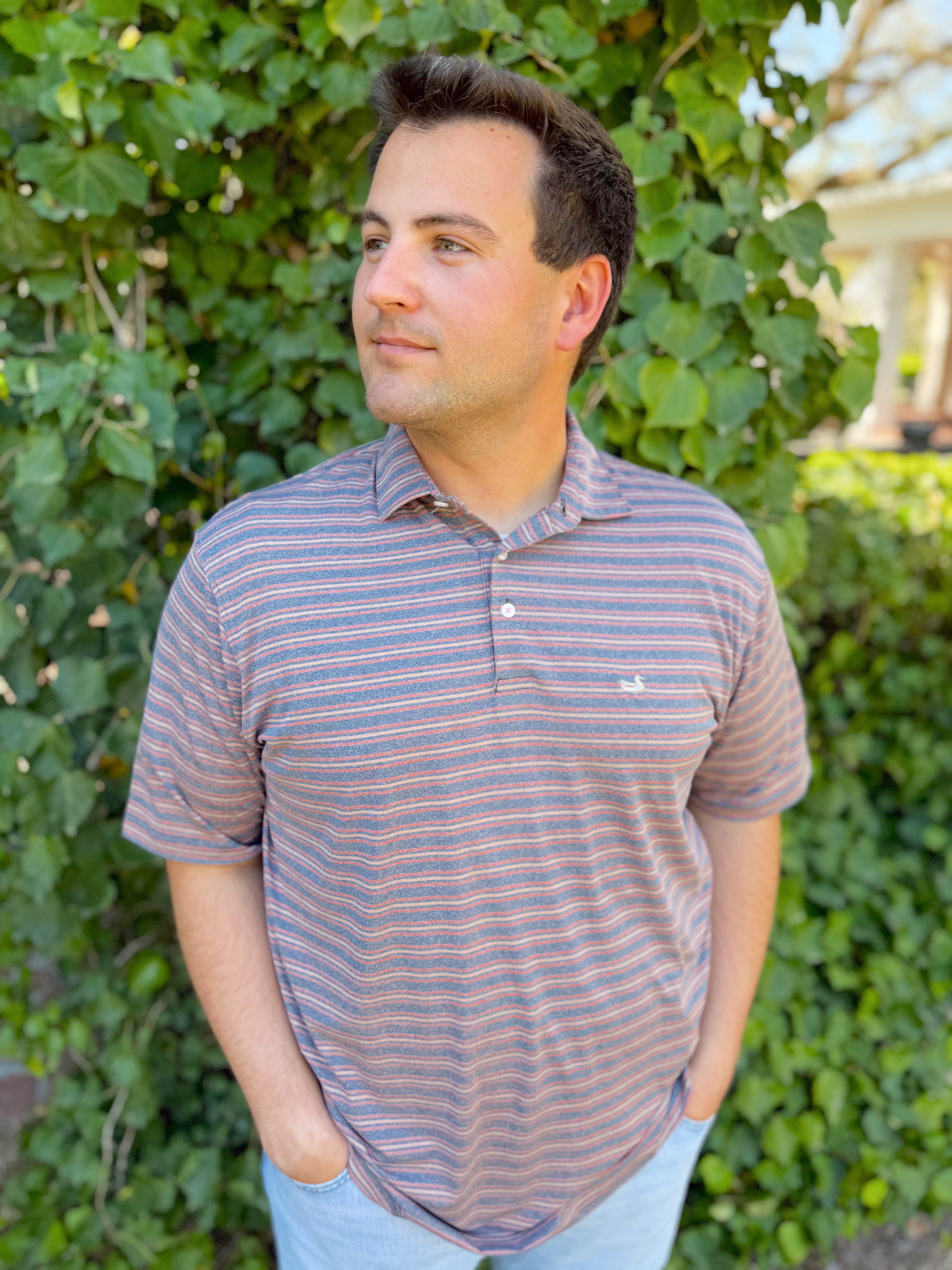 Maybourne Featherlight Stripe Polo In Navy & Red Maybourne By Southern Marsh