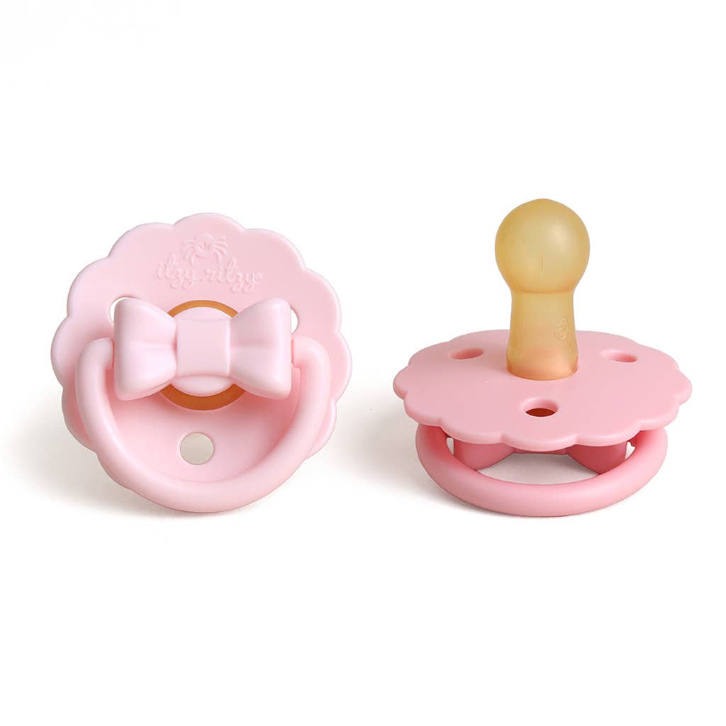 Itzy Soother™ Natural Rubber Paci Sets: Pink Bow 0-6M