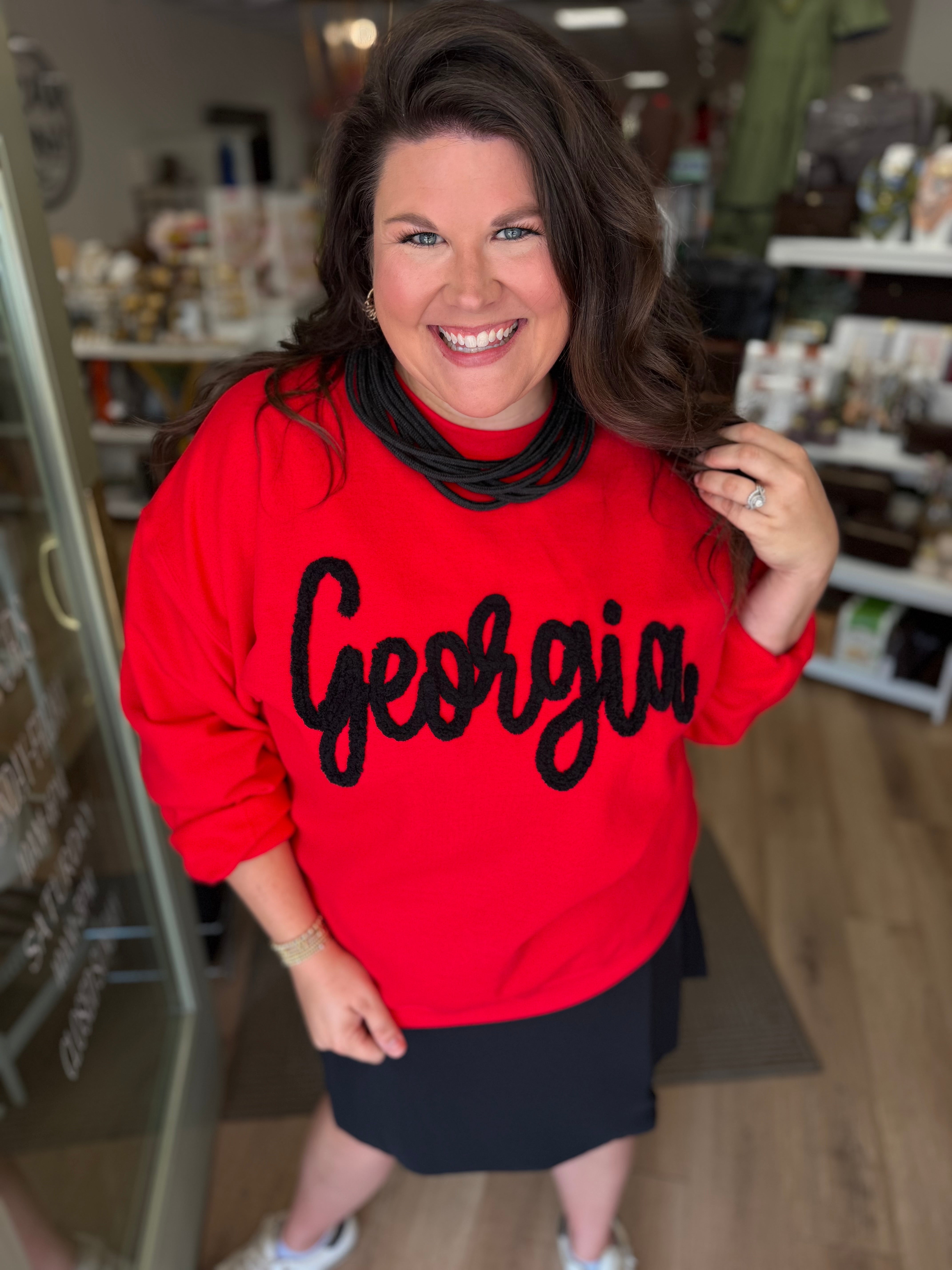 The Georgia Yarn Embroidered Sweatshirt in Red (S-2X)