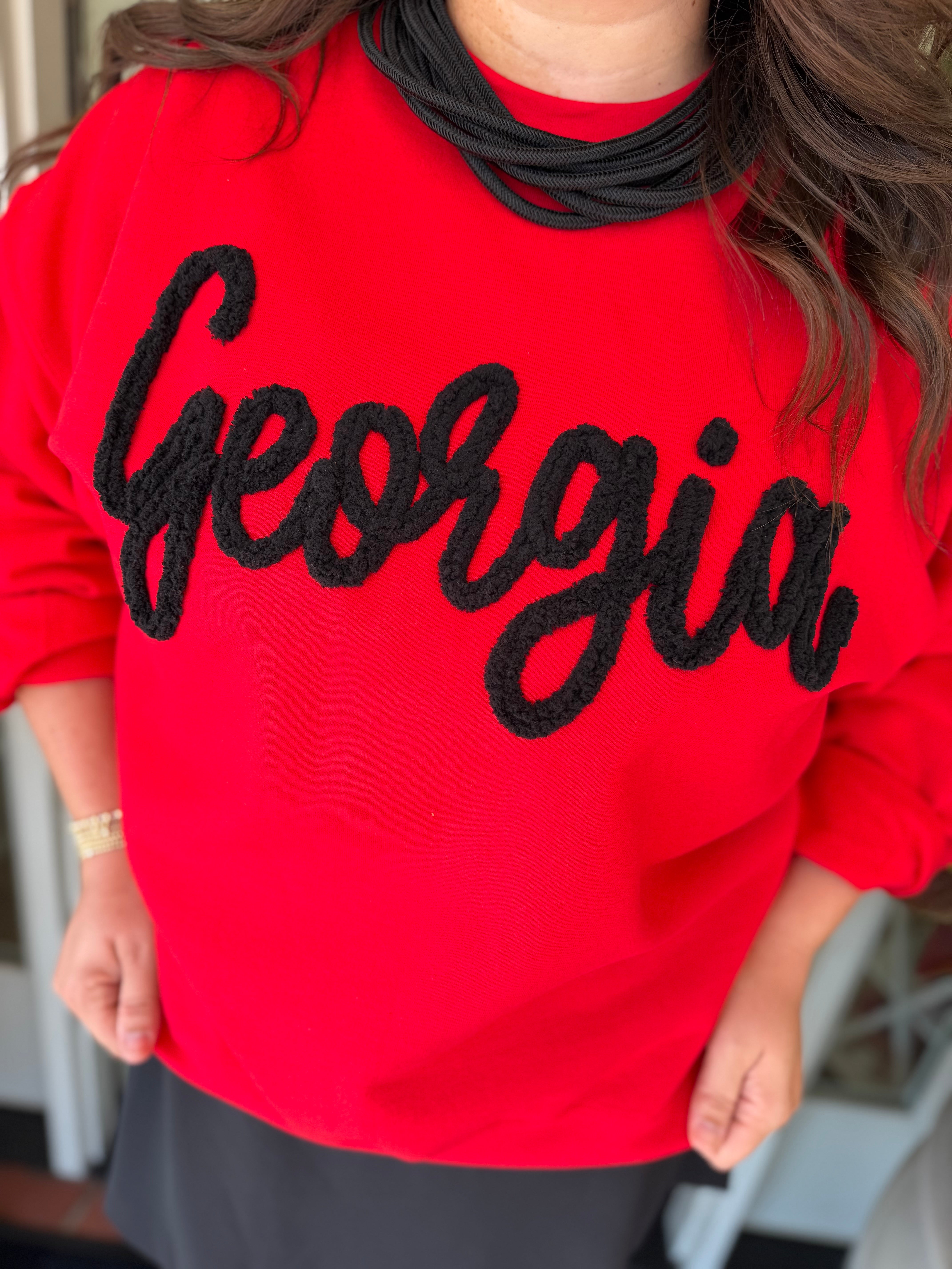 The Georgia Yarn Embroidered Sweatshirt in Red (S-2X)