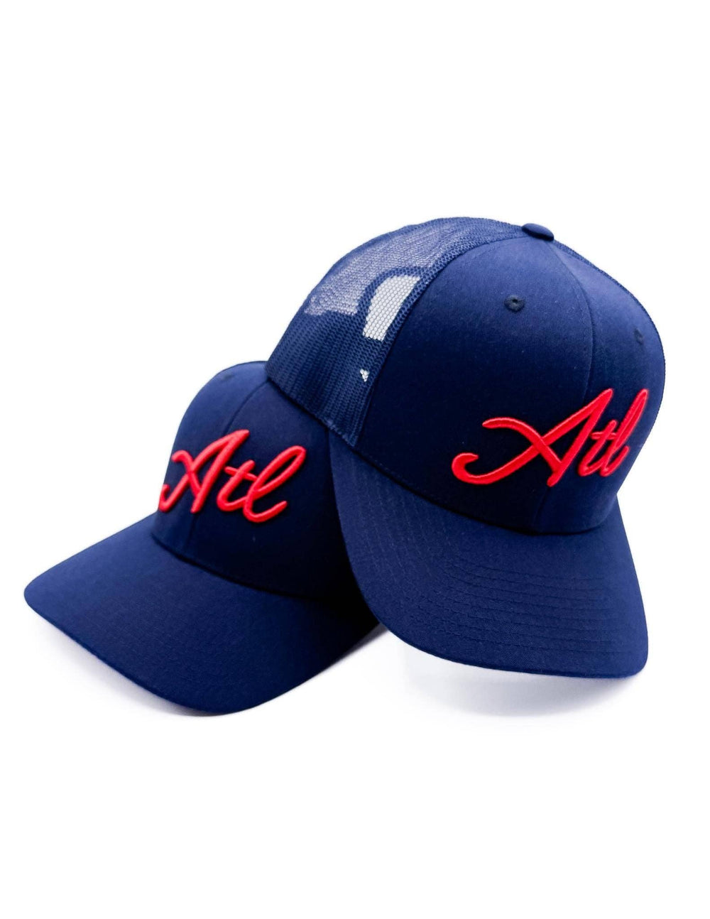 Two blue caps with red 'Atl' text on a white background