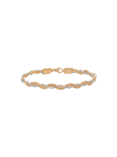 Gold and silver braided bracelet on a white background