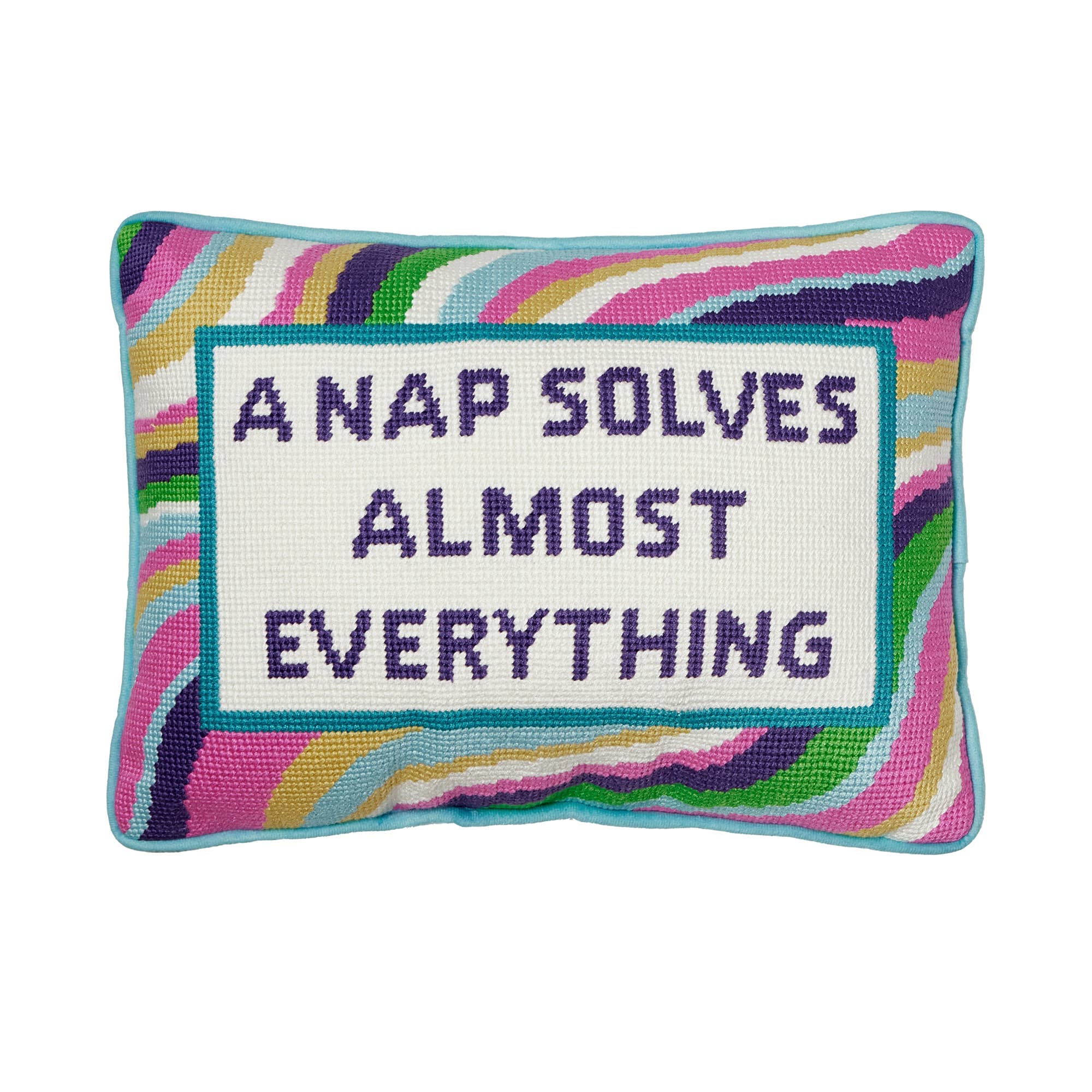 A Nap Solves Almost Everything Embroidered Pillow colorful stripes