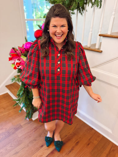 plaid mini dress with gold buttons down the front 