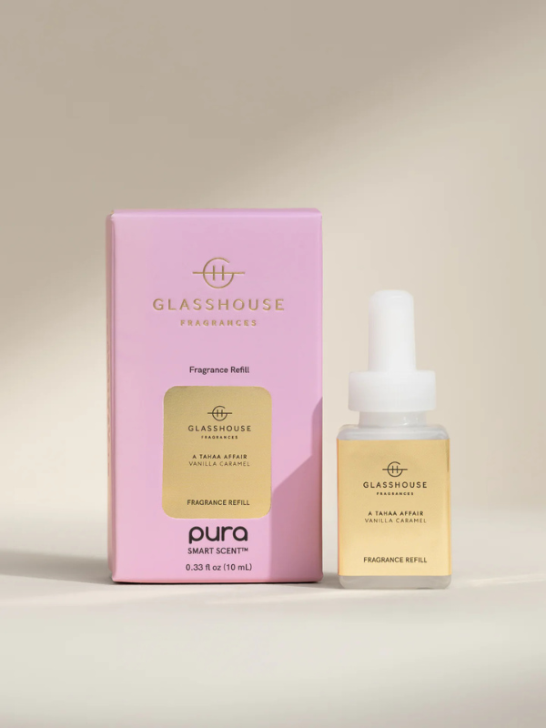 Pura smart vial scent with notes of vanilla, fruity coconut, frankincense, and caramel